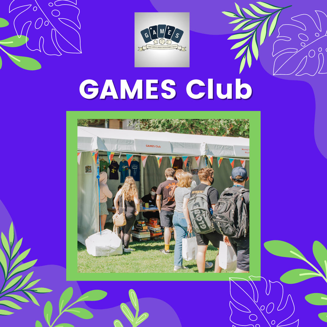 A photo of students standing in front of a Clubs stall on a purple patterned background below the words 'GAMES Clubs'