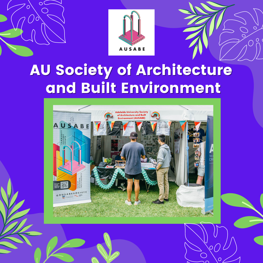 A photo of students standing in front of a Clubs stall on a purple patterned backgorund below the words 'AU Society of Architecture and Built Environment'