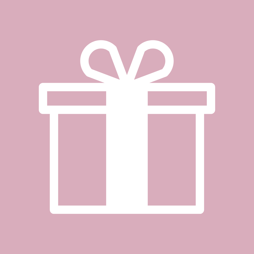 A white gift icon on a pink background